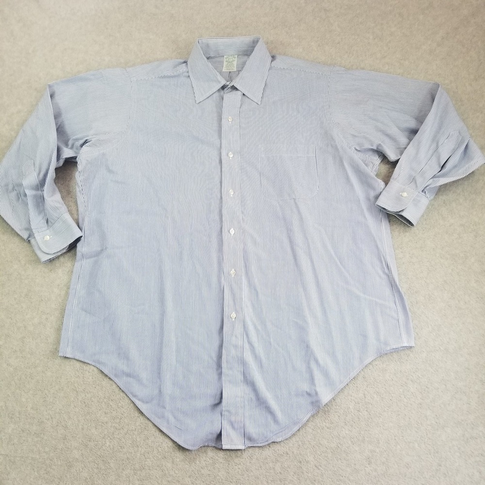 Brooks Brothers Shirt Mens 16.5-2 Blue Stripe Dress Cotton Blend Made In USA